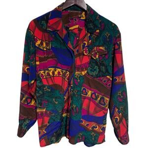 No Brand Abstract African Print Women's Long Sleeve Flowy Button Up Blouse L